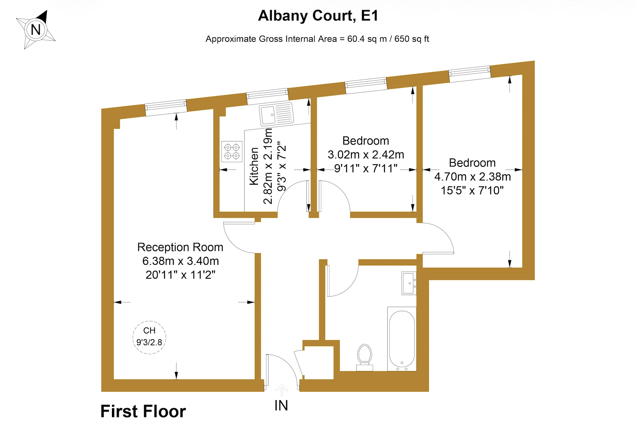 Approximate floor plan for a two-bedroom first-floor flat at Albany Court, E1