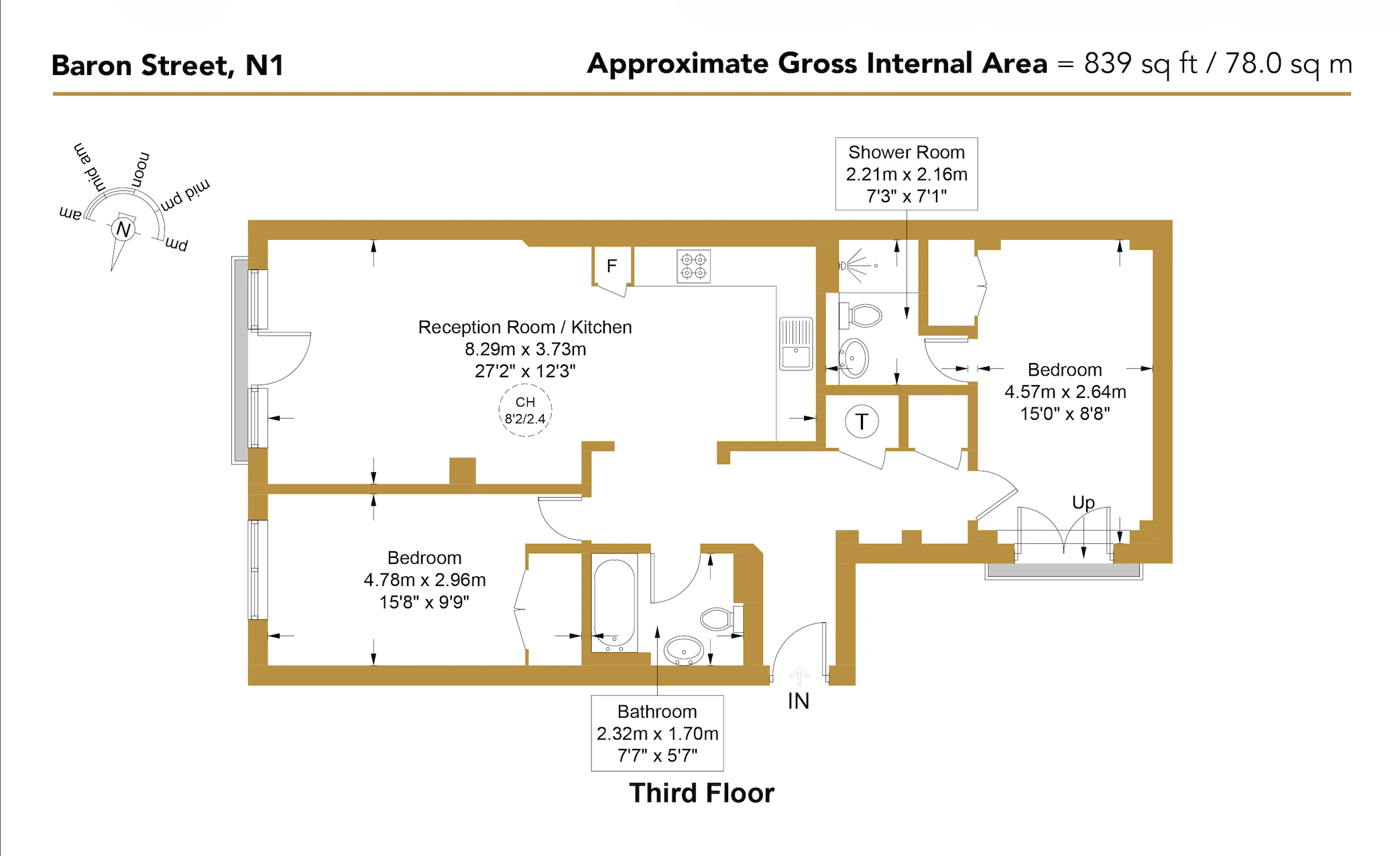Approximate floor plan for a two-bedroom third-floor flat on Baron Street, N1