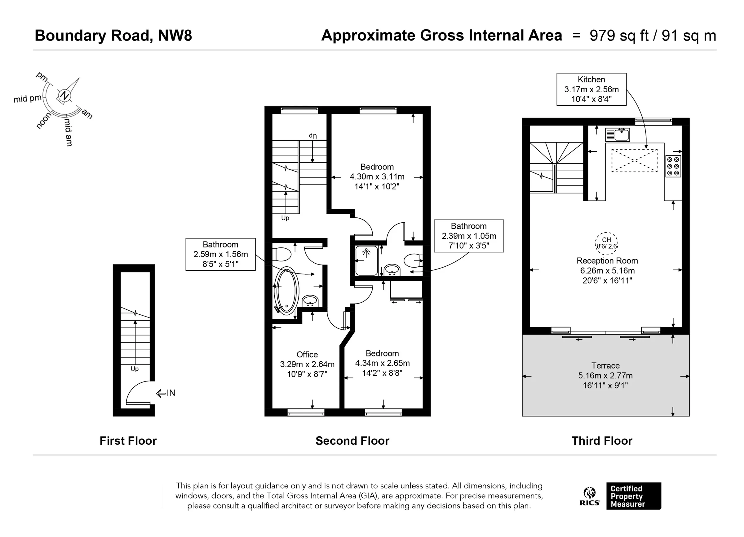 Approximate floor plan for the maisonette on Boundary Road, NW8, across the first, second and third floors