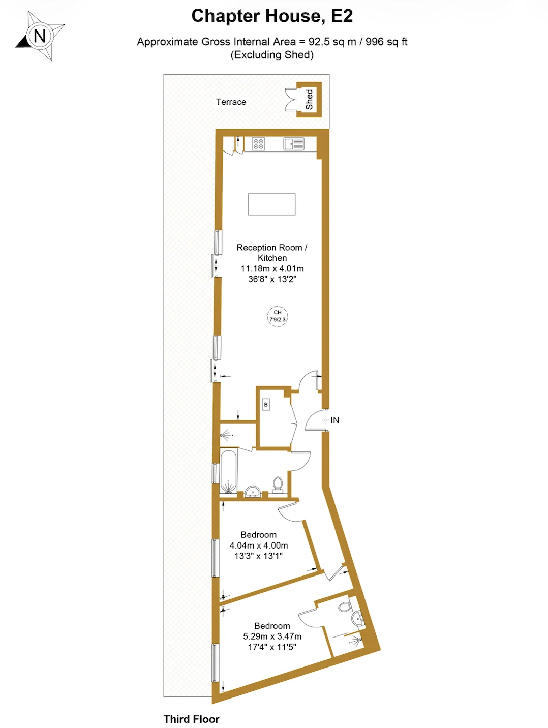 Approximate floor plan for a two-bedroom flat at Chapter House, E2