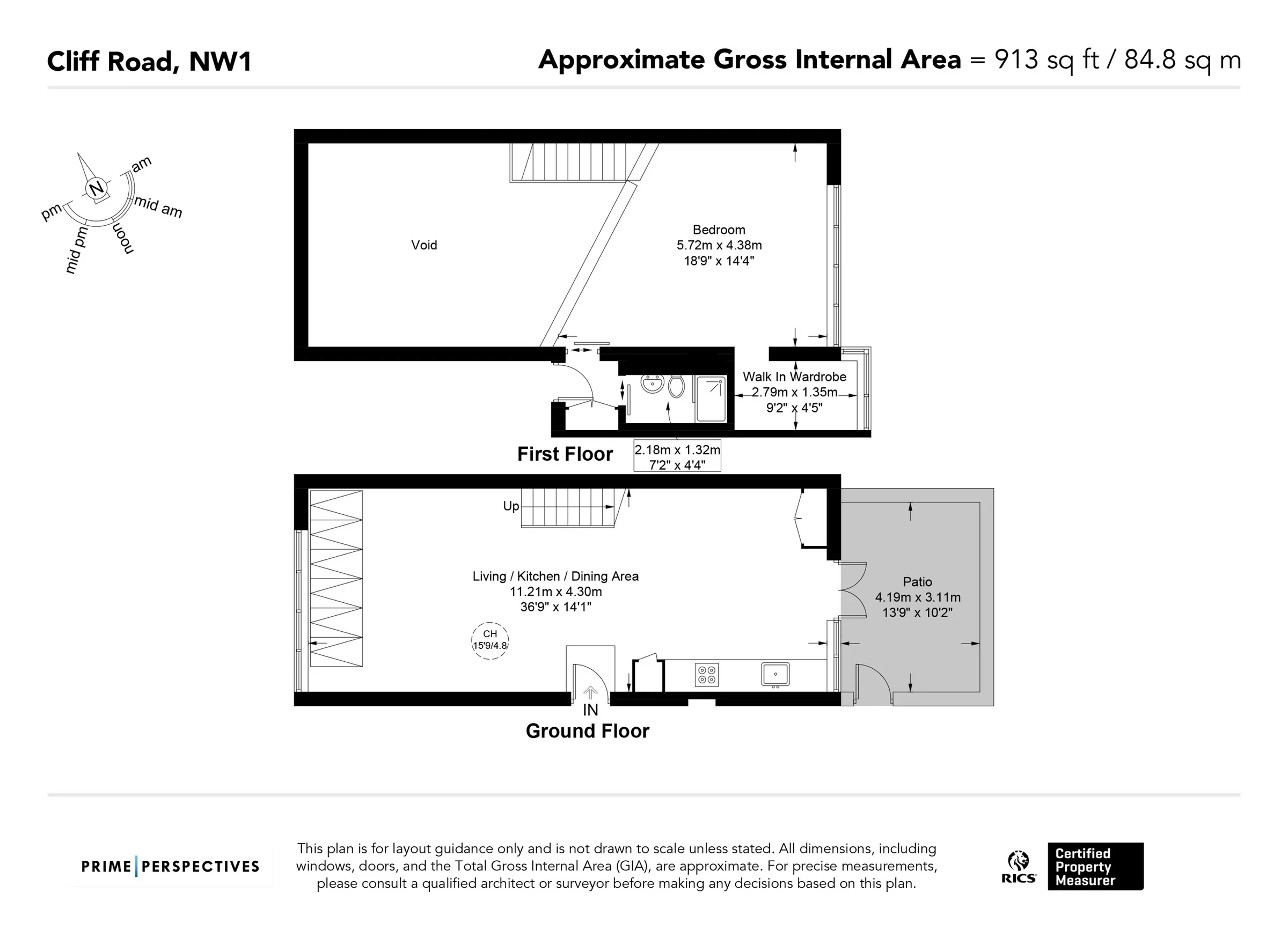 Approximate floor plan for the split-level flat on Cliff Road, NW1, across ground and first floors
