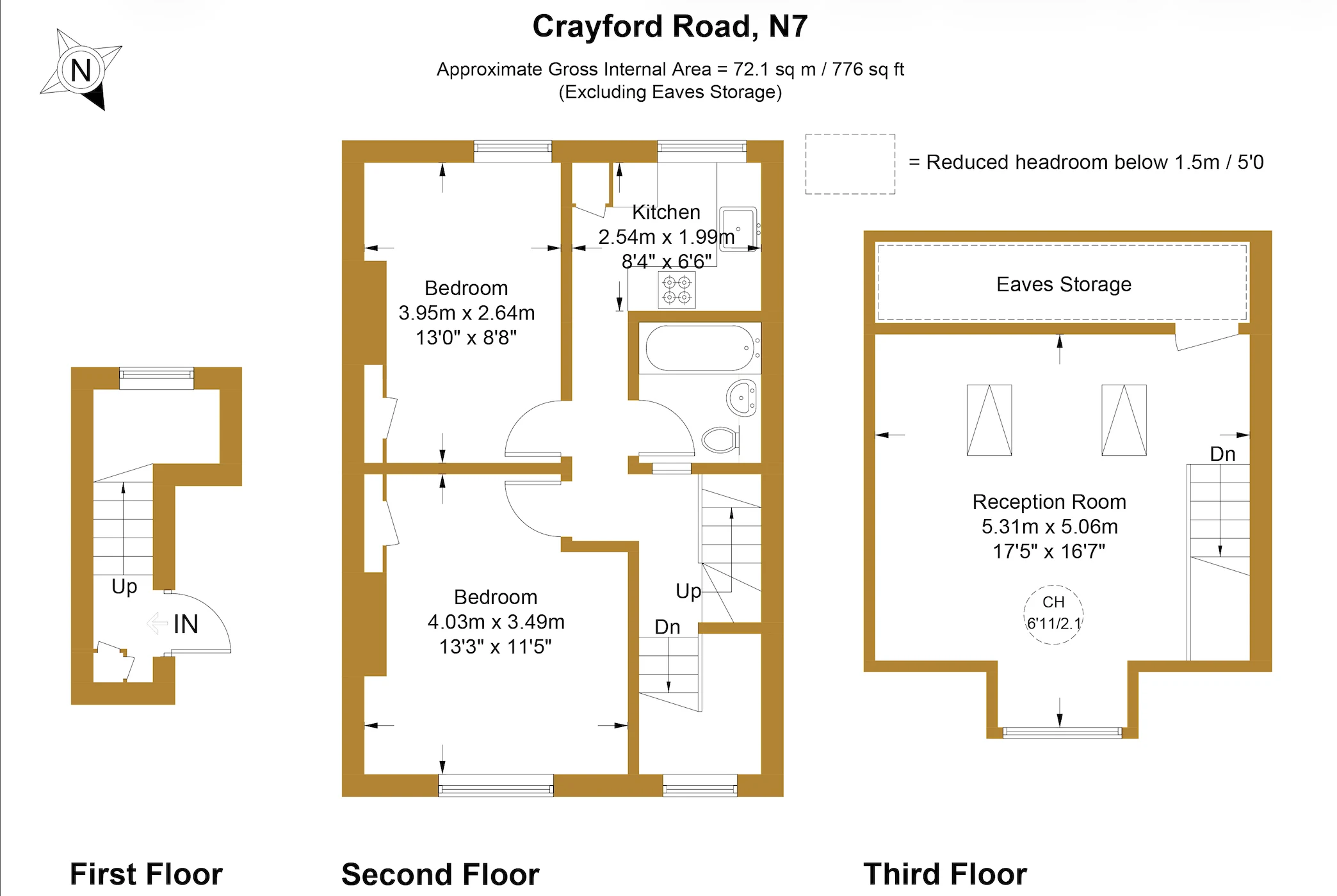 Approximate floor plan for a two-bedroom three-storey maisonette on Crayford Road, N7