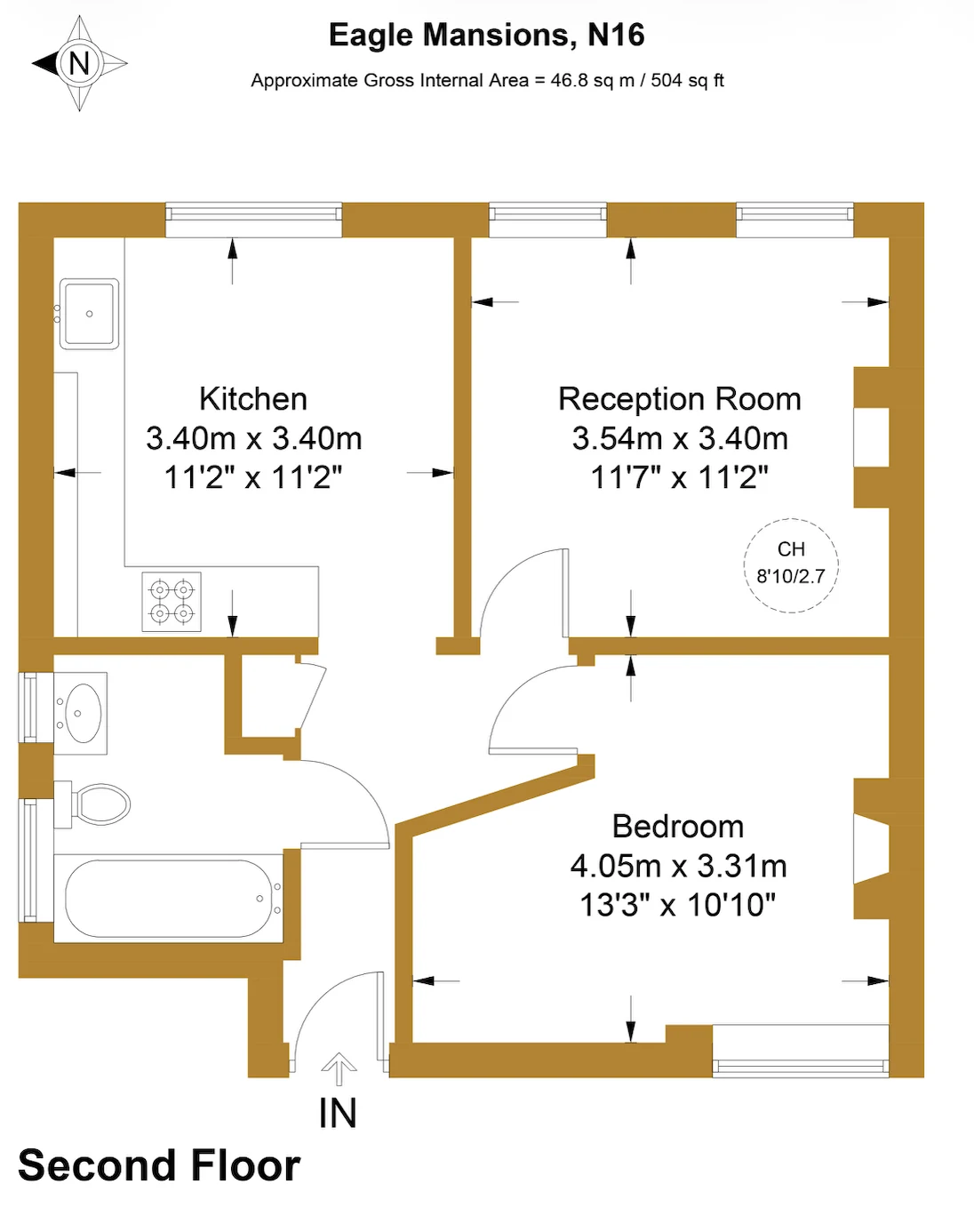 Approximate floor plan for a one-bedroom second-floor flat at Eagle Mansions, N16