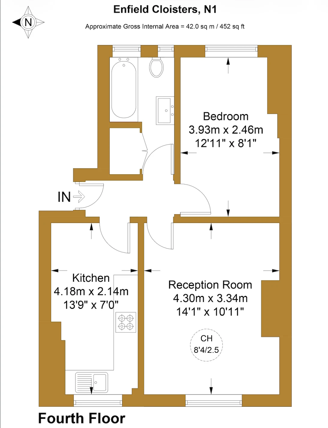 Approximate floor plan for a one-bedroom fourth-floor flat at Enfield Cloisters, N1
