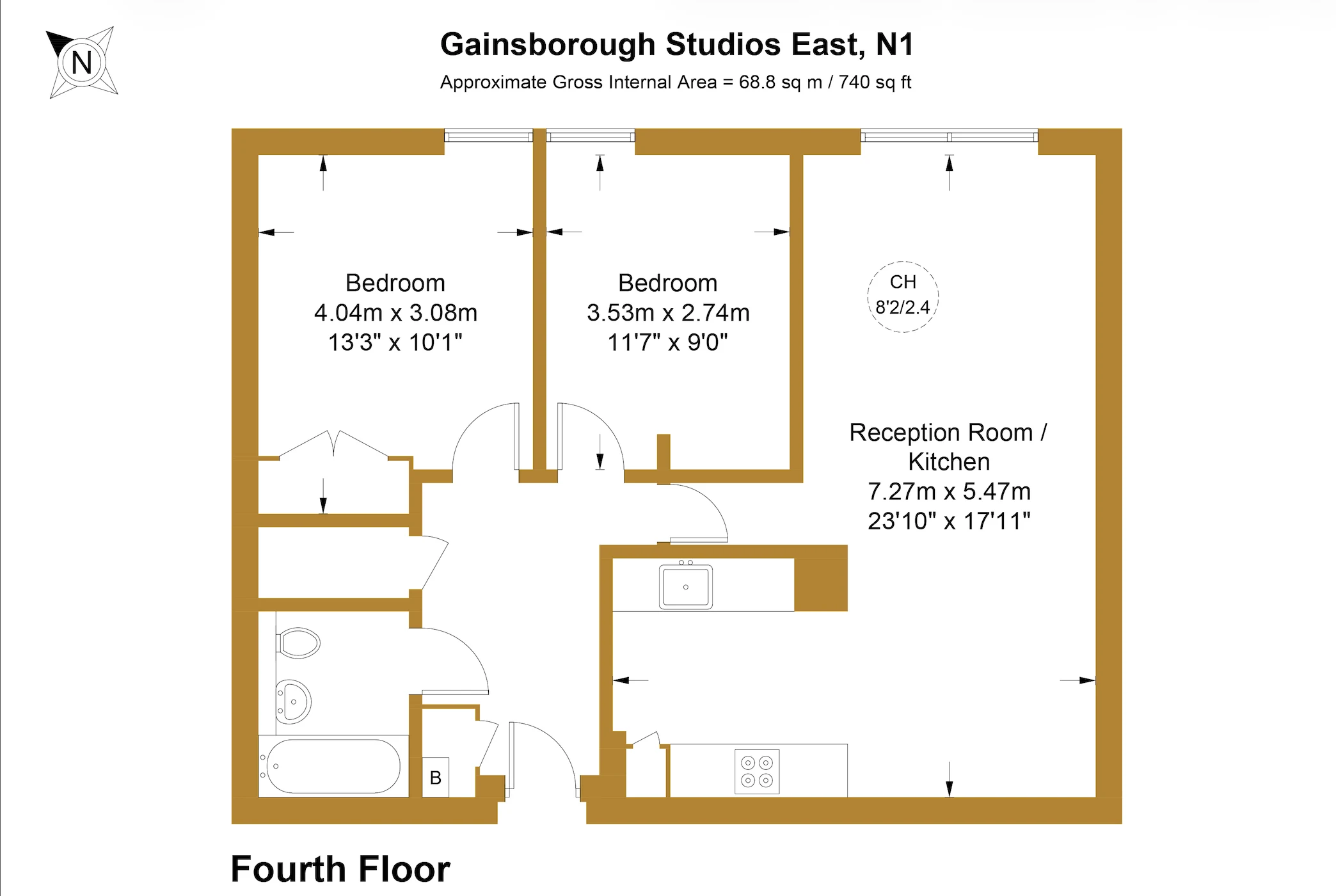 Approximate floor plan for a two-bedroom flat at Gainsborough Studios East, N1