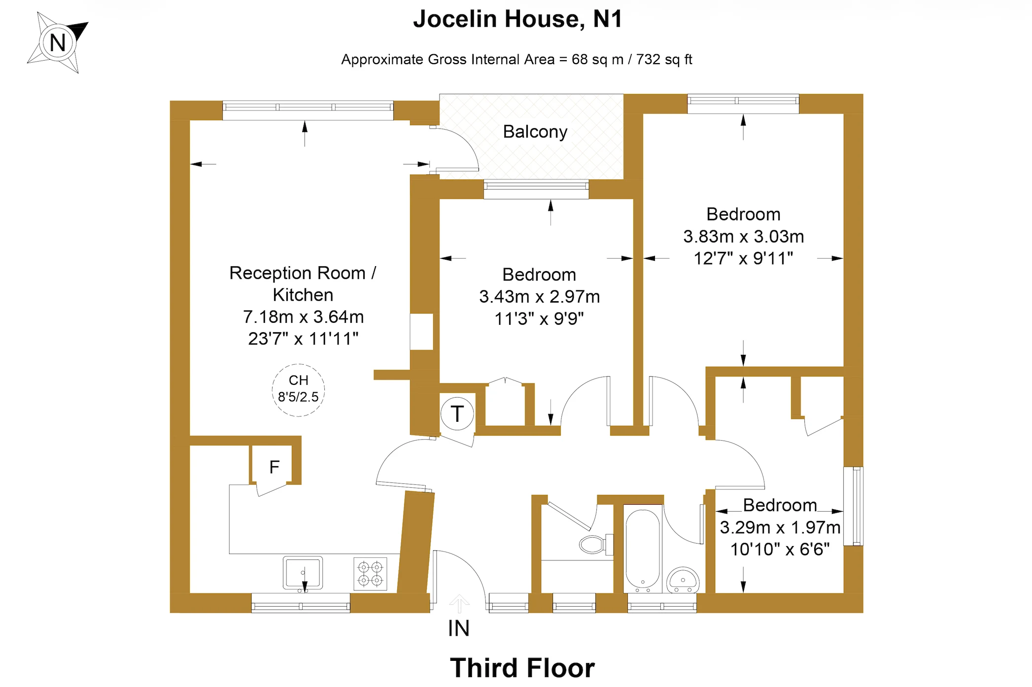 Approximate floor plan for a three-bedroom third-floor flat at Jocelin House, N1