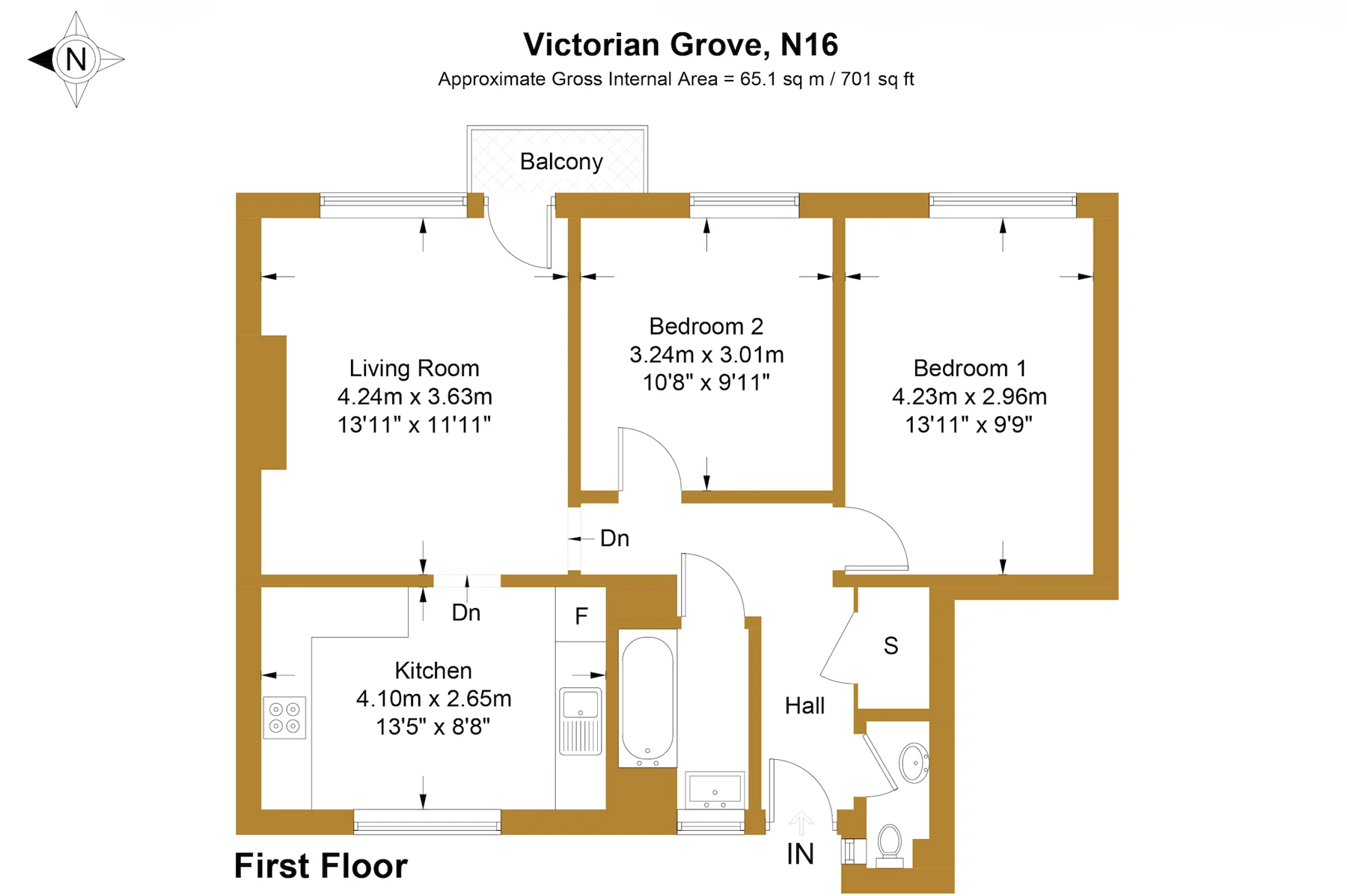 Approximate floor plan for a two-bedroom first-floor flat in Victorian Grove, N16