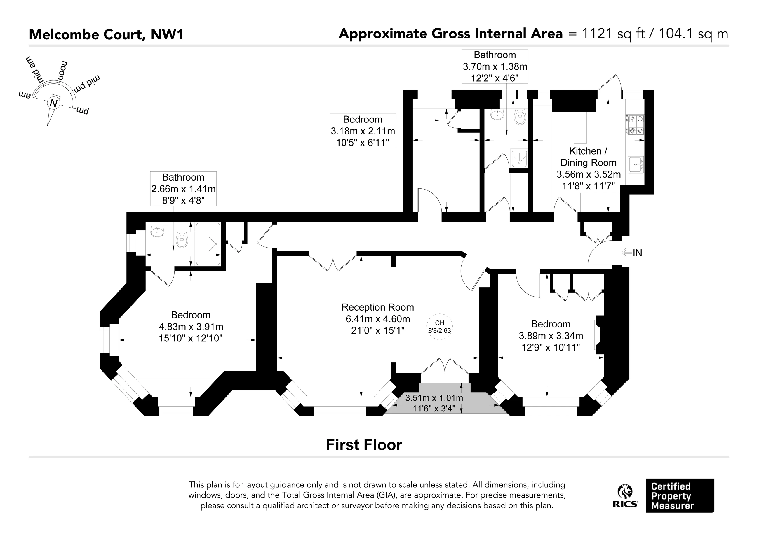 Approximate floor plan for a three-bedroom first-floor flat at Melcombe Court, NW1