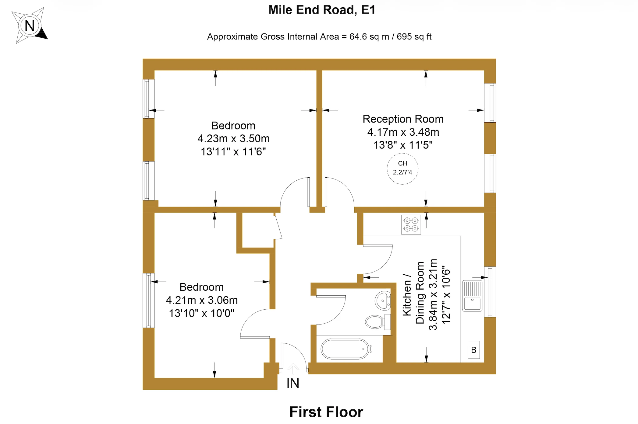 Approximate floor plan for a two-bedroom flat on Mile End Road, E1