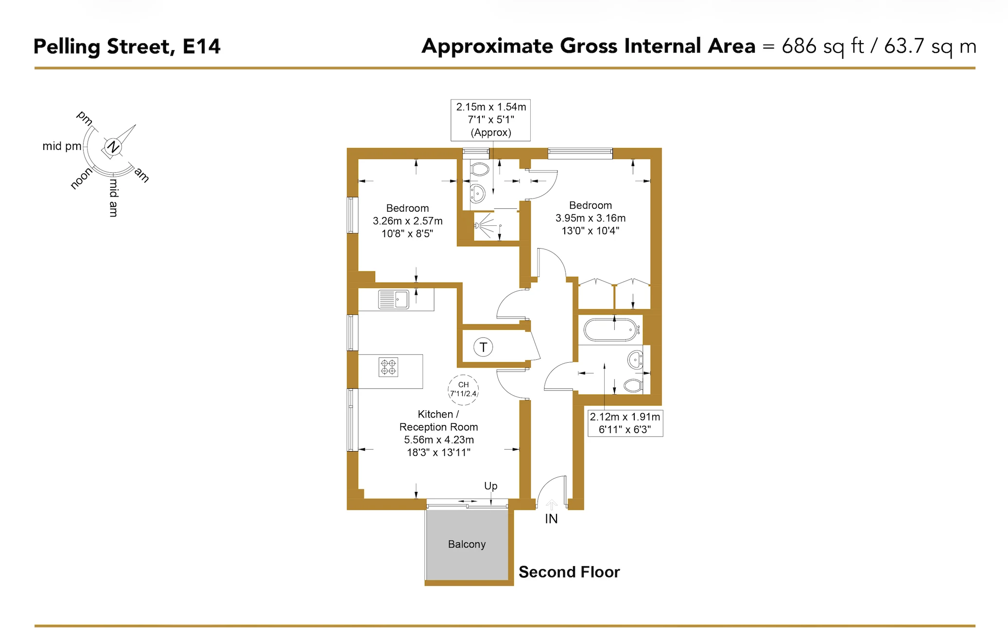 Approximate floor plan for a two-bedroom second-floor flat on Pelling Street, E14