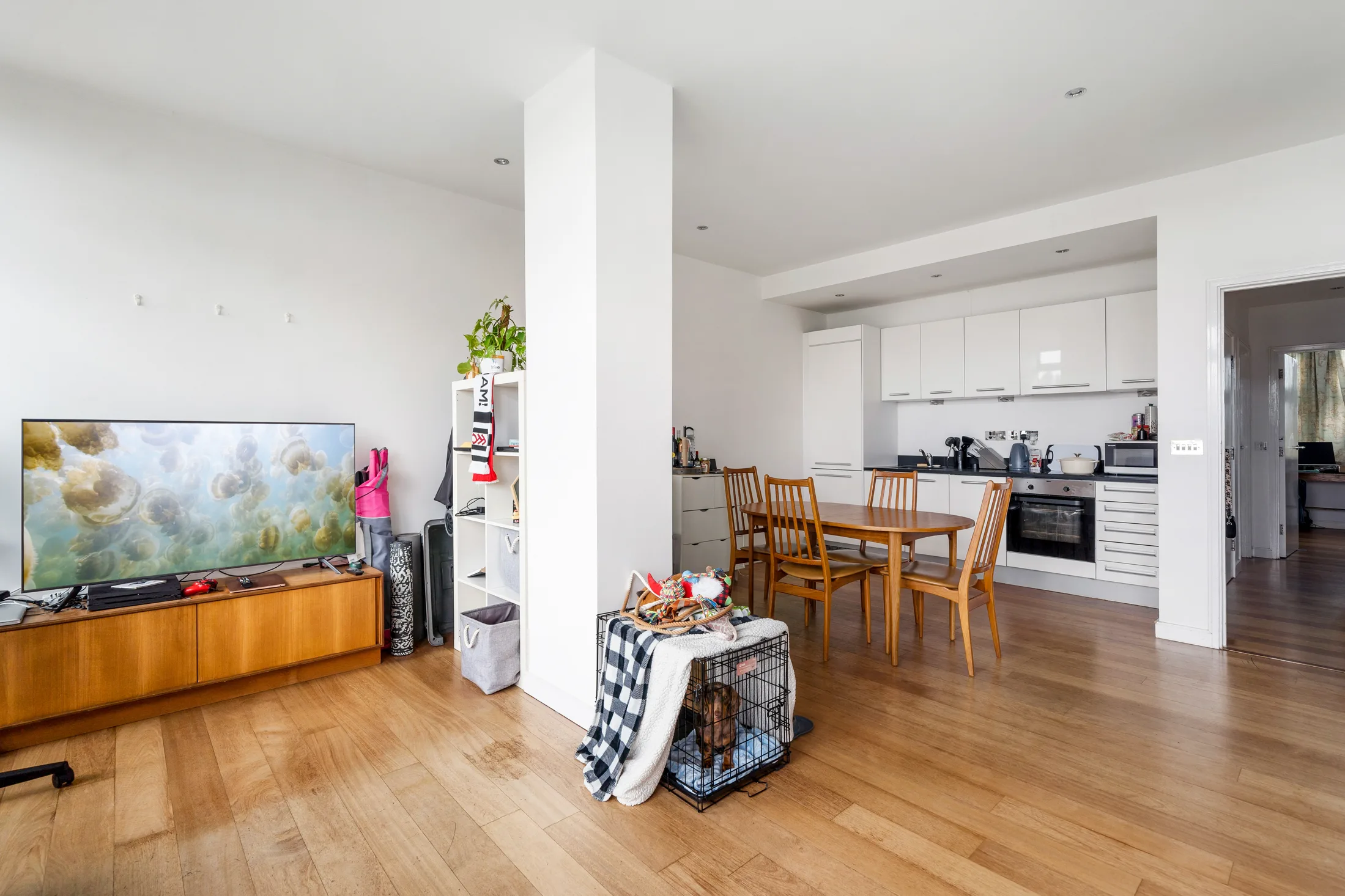 Reception room and kitchen with timber flooring
