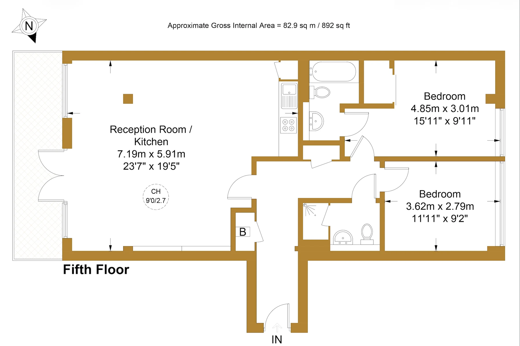 Approximate floor plan for a two-bedroom fifth-floor flat in Pentonville