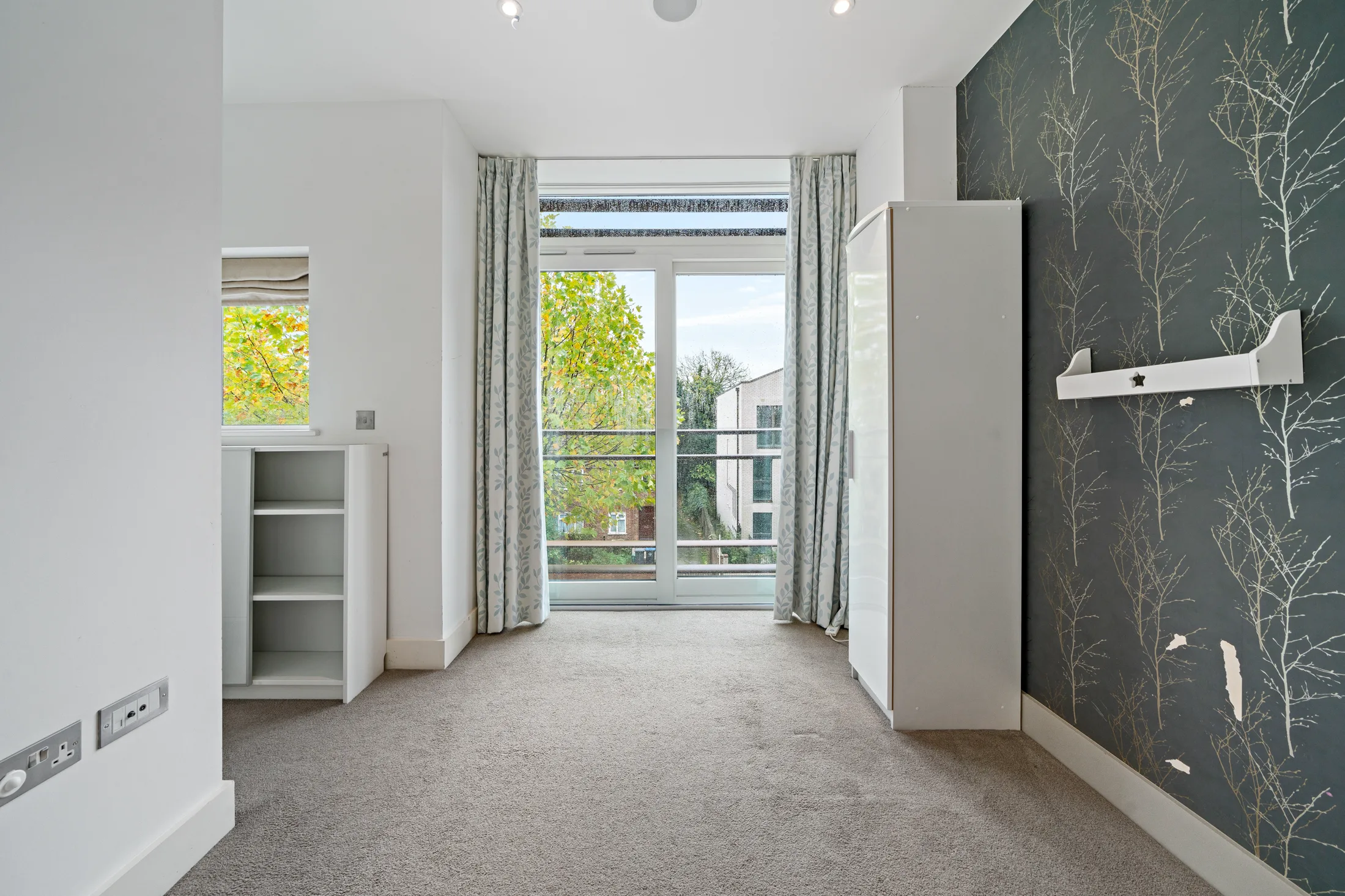 Bedroom with dark feature wall and glazed doors