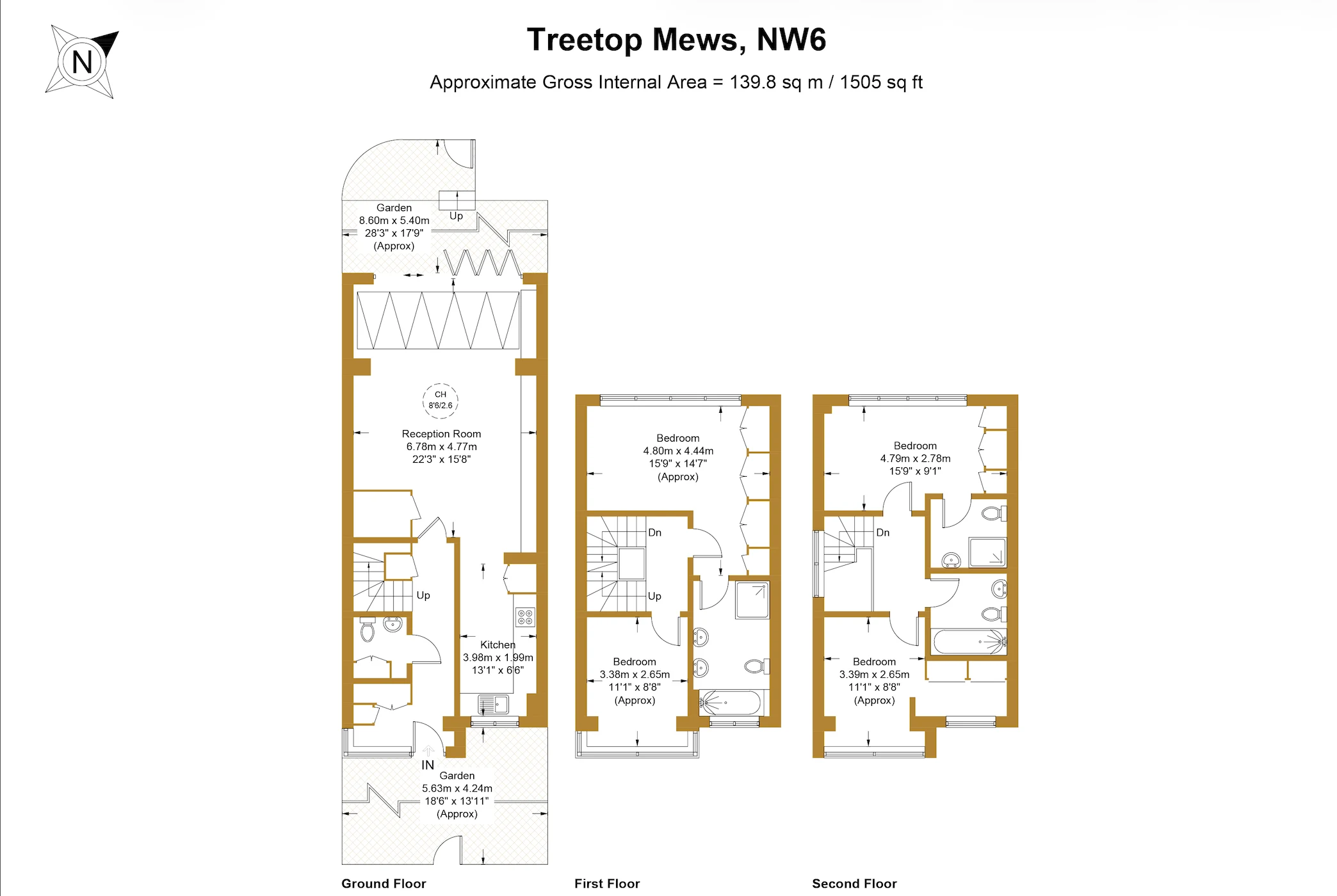 Approximate floor plan for a four-bedroom, three-storey mews house in Treetop Mews, NW6