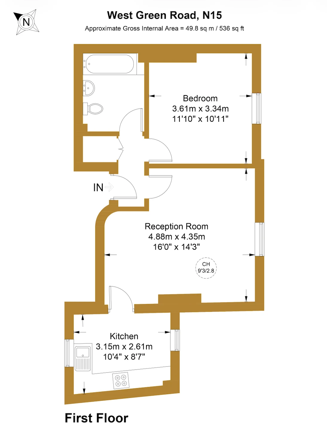 Approximate floor plan for a one-bedroom first-floor flat on West Green Road, N15