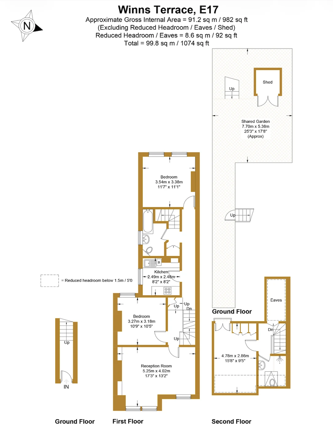 Approximate floor plan for a three-bedroom top-floor maisonette on Winns Terrace, E17